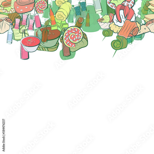 Background pattern abstract design texture. Snacks and Alcohol. Horizontal seamless stripe. Border frame, transparent background. Theme is about forty degrees, soup, cucumber roll, satiety