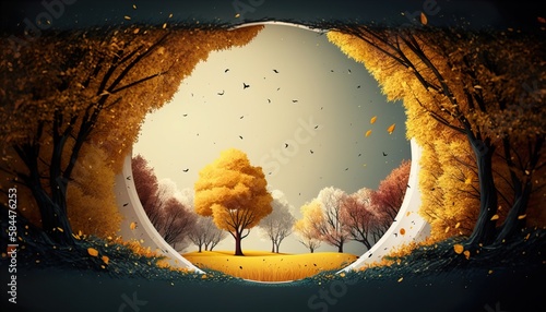Generative AI illustration of colorful autumn trees with round shaped frame
