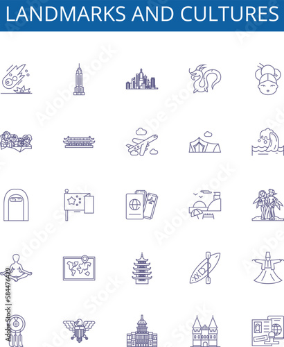 Landmarks and cultures line icons signs set. Design collection of Landmarks, Cultures, Heritage, Sites, Ruins, Attractions, Monuments, Traditions outline concept vector illustrations