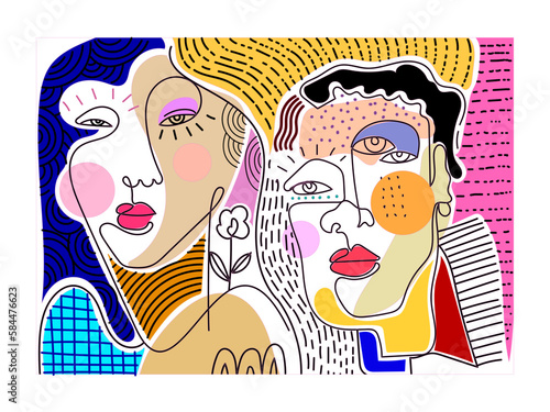 Set of colorful abstract face, decorative, line art, doodles hand drawn vector illustration.