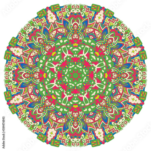 Mandala. Tracery wheel image. Mehndi design. Ethnic doodle art. Curved doodling picture. Vector