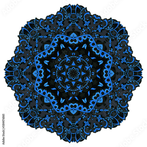 Mandala. Tracery wheel image. Mehndi design. Dark toxic colors. Ethnic doodle art. Curved doodling picture. Vector