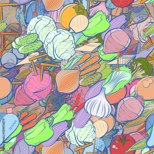Background pattern abstract design texture. Seamless. Tennis and Health food. Theme is about grid, whole garlic, bitter, egg, a stack, broccoli, satisfying, dye, onion feathers, shell, beet