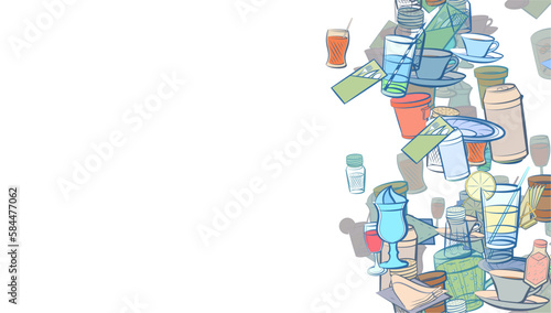 Background pattern abstract design texture. Drinks and Table setting. Vertical seamless stripe. Border frame, transparent background. Theme is about cup, soda can, drinking straw, cardboard