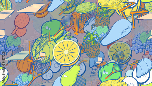 Background pattern abstract design texture. Seamless. Tennis and Fruits. Theme is about couple, inventory, whole, net, leaflet, tennis racket case, racket, mandarin, netting, half, pinch