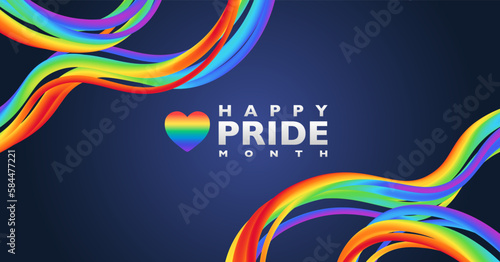LGBTQ PRIDE month banner for festival parades, parties, and social events. Abstract Rainbow 3D wave objects on dark background. Vector illustration template.