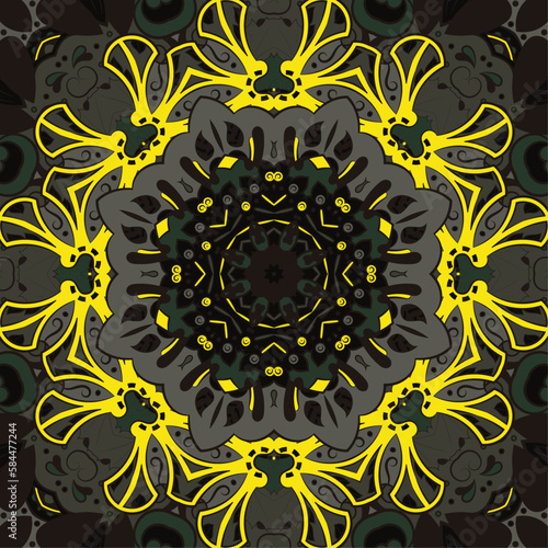 Seamless tile texture. Tracery mehndi design image. Dark toxic colors. Ethnic doodle art. Curved doodling picture. Vector