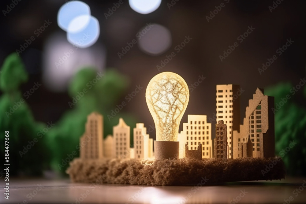 Photo & Art Print Eco-friendly city building with bulb and cutting 