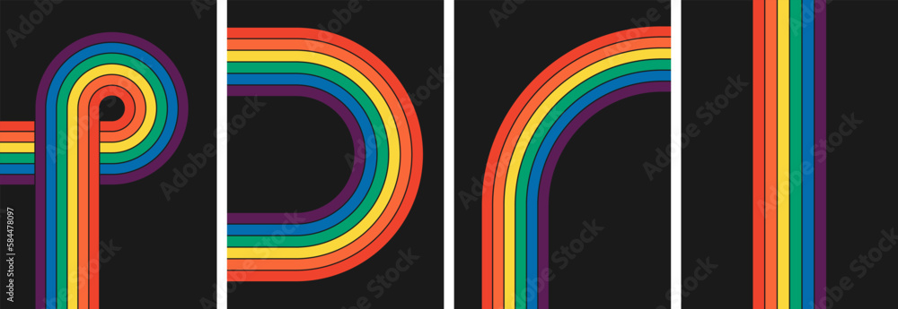 Retro groovy rainbow color striped poster set. Geometric hippie rainbows line collection. Vintage hippy style various abstract iridescent stripes. Trendy minimalistic y2k colorful artwork eps covers