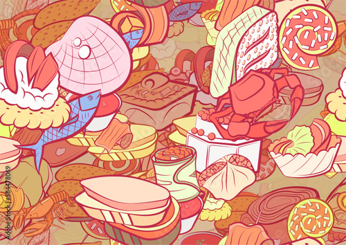 Background pattern abstract design texture. Seamless. Snacks and Seafood. Theme is about crab meat, claws, loaf, sea, meat, biscuit, soup, big, slice, mussels, basket, twisted, sausage, sugar