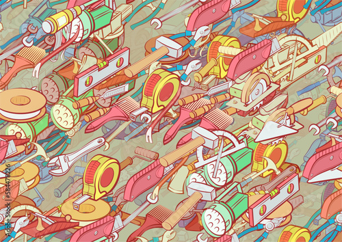 Background pattern abstract design texture. Seamless. Building tools and Repair. Theme is about wrench, measurement, chopping, mounting, alignment, instruments, nailing, forceful effect