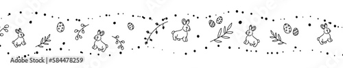 Vector. Cute hand drawn Easter horizontal background with bunnies, easter eggs. Festive background with Easter linear symbols. Copy space for text. Design cards, banners and other promotional items.