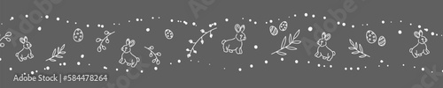 Vector. Cute hand drawn Easter horizontal background with bunnies, easter eggs. Festive background with Easter linear symbols. Copy space for text. Design cards, banners and other promotional items.