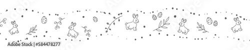Vector. Cute hand drawn Easter horizontal background with bunnies, easter eggs. Festive background with Easter linear symbols. Copy space for text. Design cards, banners and other promotional items.