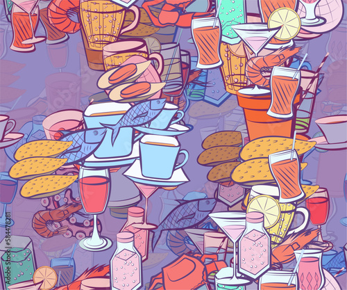 Background pattern abstract design texture. Seamless. Drinks and Seafood. Theme is about bubbles, Martini, royal, seafood, cardboard, filling, Cup, thread, fish, oceanic, drinking straw