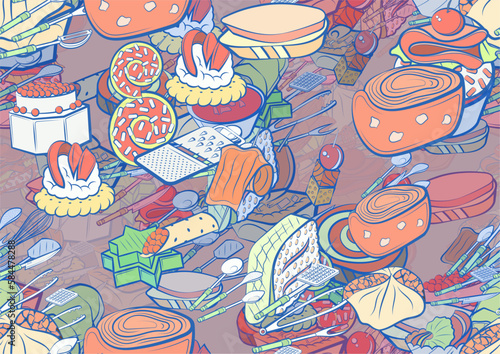 Background pattern abstract design texture. Seamless. Cutlery and Snacks. Theme is about meat fork, forceps, stick, twisted filling, lettuce leaf, sandwich, scoop, onigiri, roll, marshmallows