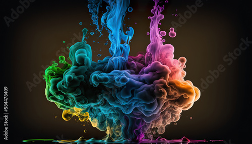 Color ink in water isolated rainbow paint splash smoke texture background. Multicolored liquid dye. 3D realistic illustration. Based on Generative AI