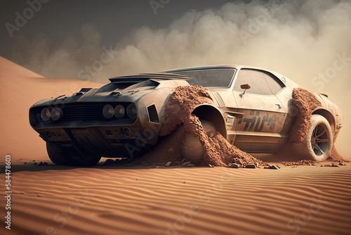 A fast muscle car churns up sand in a desert created with generative AI technology. photo