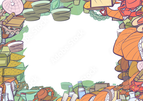 Background pattern abstract design texture. Seafood and Japanese food. Border frame, transparent background. Theme is about royal, sea, bamboo mat, sushi salmon, chopsticks, bottles, cup