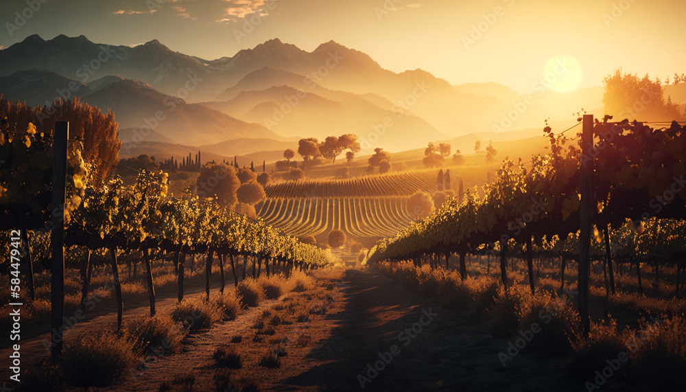 Vineyard with rows of trees and mountains in the background at sunset or dawn with a sun setting on the horizon 