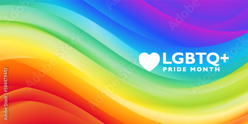 Colorful LGBTQ plus PRIDE month banner with 3D rainbow flag background. Vector illustration template for festival parades, parties, and social events.