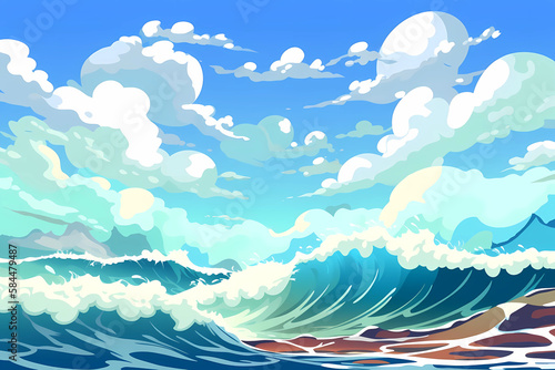 ocean and huge bright blue sky filled with puffy white cumulous clouds