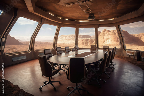 Fototapeta Naklejka Na Ścianę i Meble -  The Future of Luxury: Meeting Room with a View of Mars. Generative Ai