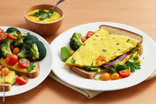 Fried omelette with vegetables on a plate on old wooden background, generative ai, colorful omelette chopped fresh parsley. Breakfast recipe with eggs. Closeup