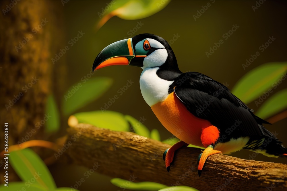Fototapeta premium Keel-billed Toucan, Ramphastos sulfuratus, bird with big bill. Toucan sitting on the branch, generative ai, in the forest