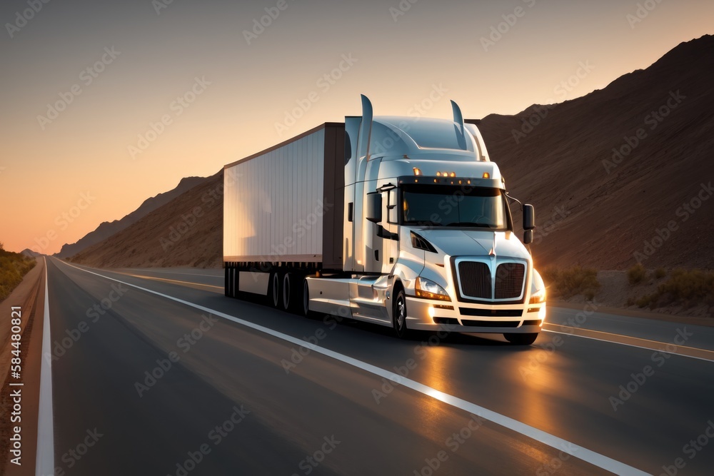 Big long heavy semi-treailer truck with container driving highway dramatic warm morning evening sunrise sun sky sunset, generative ai. Cargo transport industry