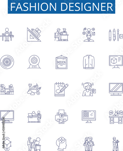 Fashion designer line icons signs set. Design collection of Designer, Couturier, Clothes, Garment, Outfit, Runway, Apparel, Needlework outline concept vector illustrations