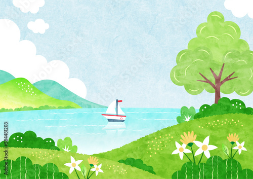夏の海と野原の風景 自然あふれる水彩背景イラスト