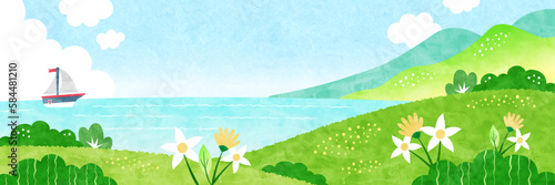 夏の海と野原の風景 自然あふれる水彩背景イラスト