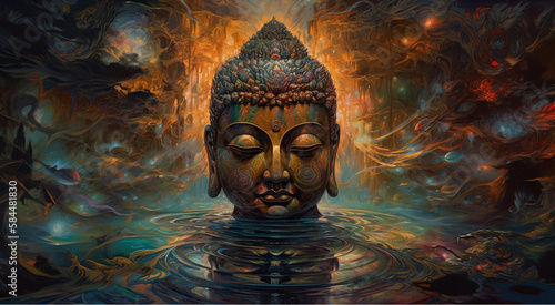 Eternal Tranquility: A Generative AI Odyssey into an Ancient Buddha Head Surrounded by Perfect Waves.