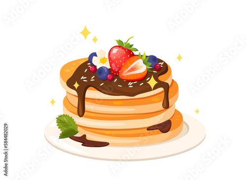 A plate of pancakes with chocolate, strawberries, and blueberry on a white background