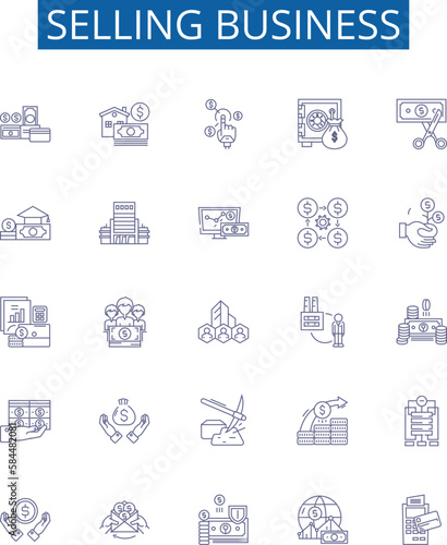 Selling business line icons signs set. Design collection of Vending, Merchandising, Trading, Brokering, Marketing, Promoting, Auctioning, Retailing outline concept vector illustrations