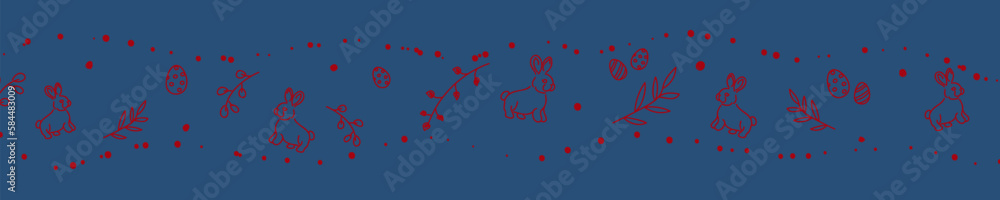 Vector. Cute hand drawn Easter horizontal background with bunnies, easter eggs. Festive background with Easter linear symbols. Copy space for text. Design cards, banners and other promotional items. Vector. Cute hand drawn Easter horizontal background with bunnies, easter eggs. Festive background with Easter linear symbols. Copy space for text. Design cards, banners and other promotional items.
