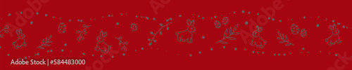 Vector. Cute hand drawn Easter horizontal background with bunnies, easter eggs. Festive background with Easter linear symbols. Copy space for text. Design cards, banners and other promotional items.