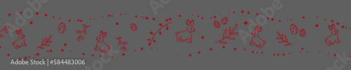 Vector. Cute hand drawn Easter horizontal background with bunnies, easter eggs. Festive background with Easter linear symbols. Copy space for text. Design cards, banners and other promotional items.