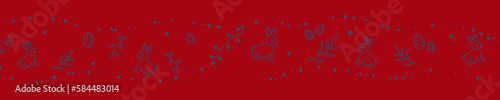 Vector. Cute hand drawn Easter horizontal background with bunnies, easter eggs. Festive background with Easter linear symbols. Copy space for text. Design cards, banners and other promotional items.