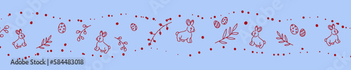 Vector. Cute hand drawn Easter horizontal background with bunnies, easter eggs. Festive background with Easter linear symbols. Copy space for text. Design cards, banners and other promotional items.