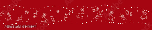 Vector. Cute hand drawn Easter horizontal background with bunnies, easter eggs. Festive background with Easter linear symbols. Copy space for text. Design cards, banners and other promotional items.