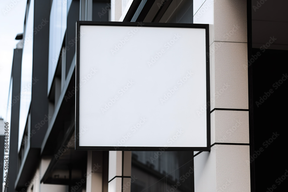 Blank white minimal square shop signboard mockup for advertising panel. Created with Generative AI Technology Blank white minimal square shop signboard mockup for advertising panel. Created with Generative AI Technology