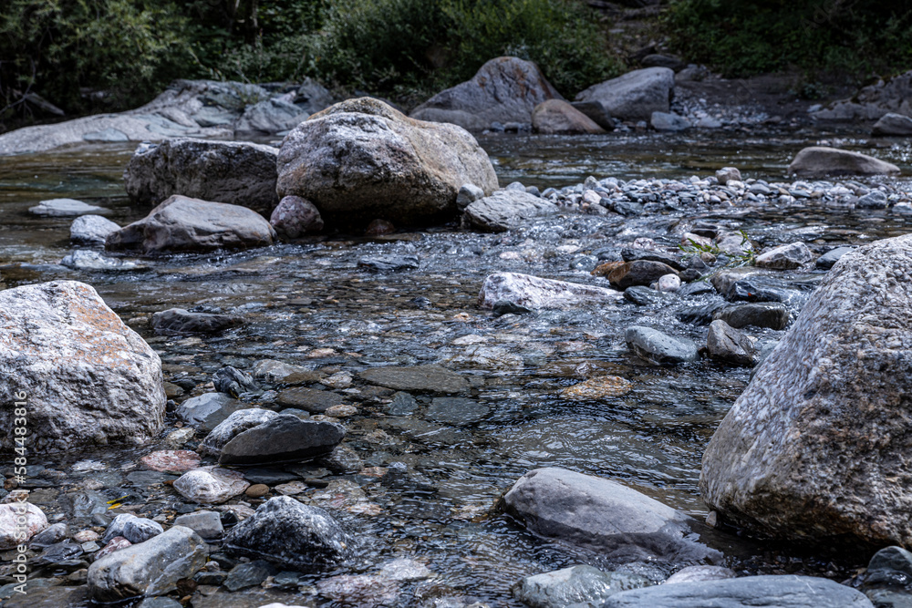 Mountain alpine, rocky river in the forest Mountain alpine, rocky river in the forest