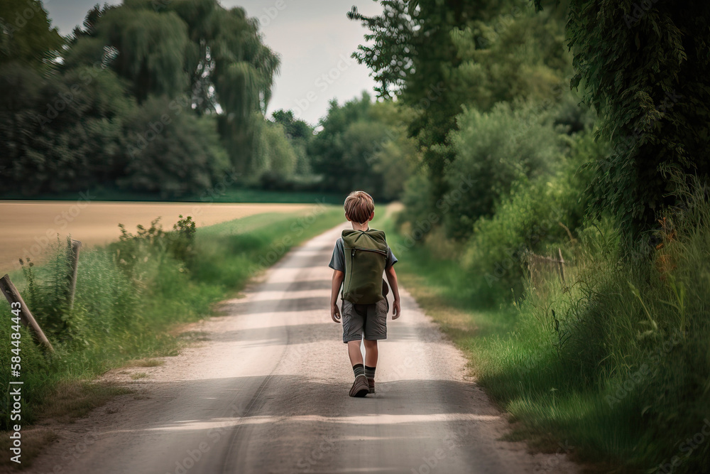 Fototapeta premium Child walking along a country road
