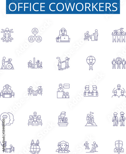 Office coworkers line icons signs set. Design collection of Colleagues, peers, staff, team, associates, cubemates, workmates, office mates outline concept vector illustrations