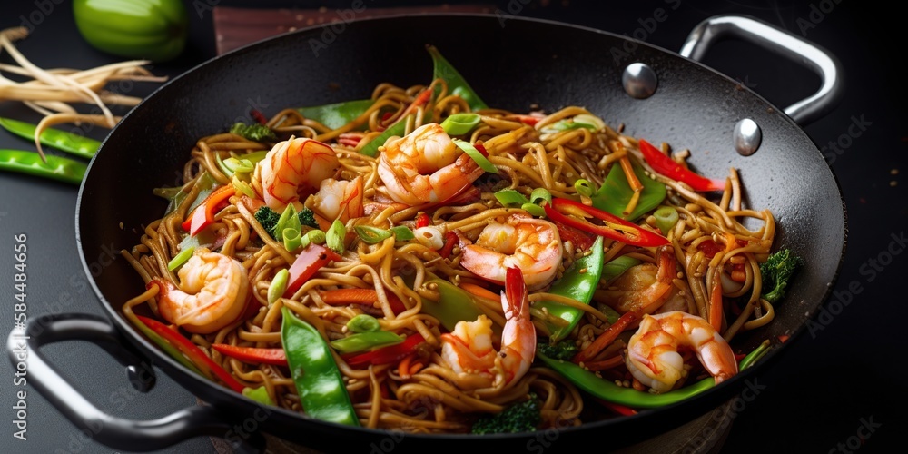 Stir fry noodles with vegetables and shrimps in black iron pan, dark background. Close up. Generative AI Stir fry noodles with vegetables and shrimps in black iron pan, dark background. Close up. Generative AI