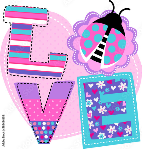Abstract drawing t-shirts for little girls on pink hear, colorful word love and cute ladybug. Abstract fashion illustration with creative design for girlish clothes