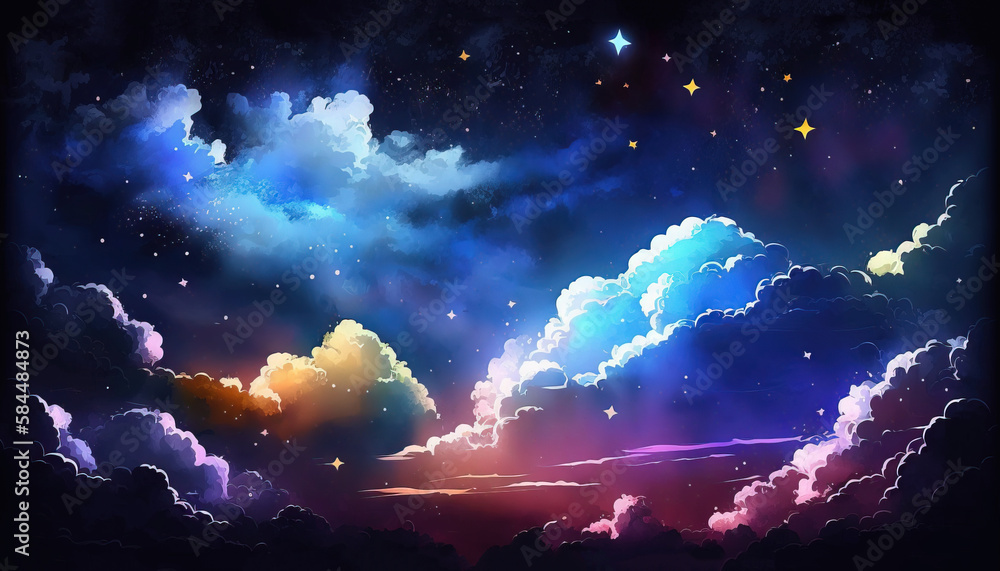 Ethereal background of formations of pink and blue clouds and twinkling stars with copyspace, colored. Generative ai