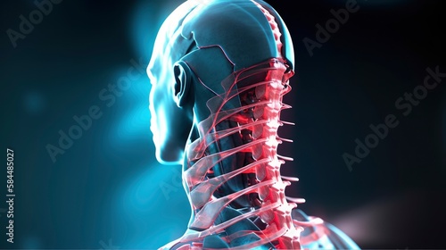 3d illustration of a human skeleton x-ray skull, neck pain head bones, medical anatomy joints, generative ai